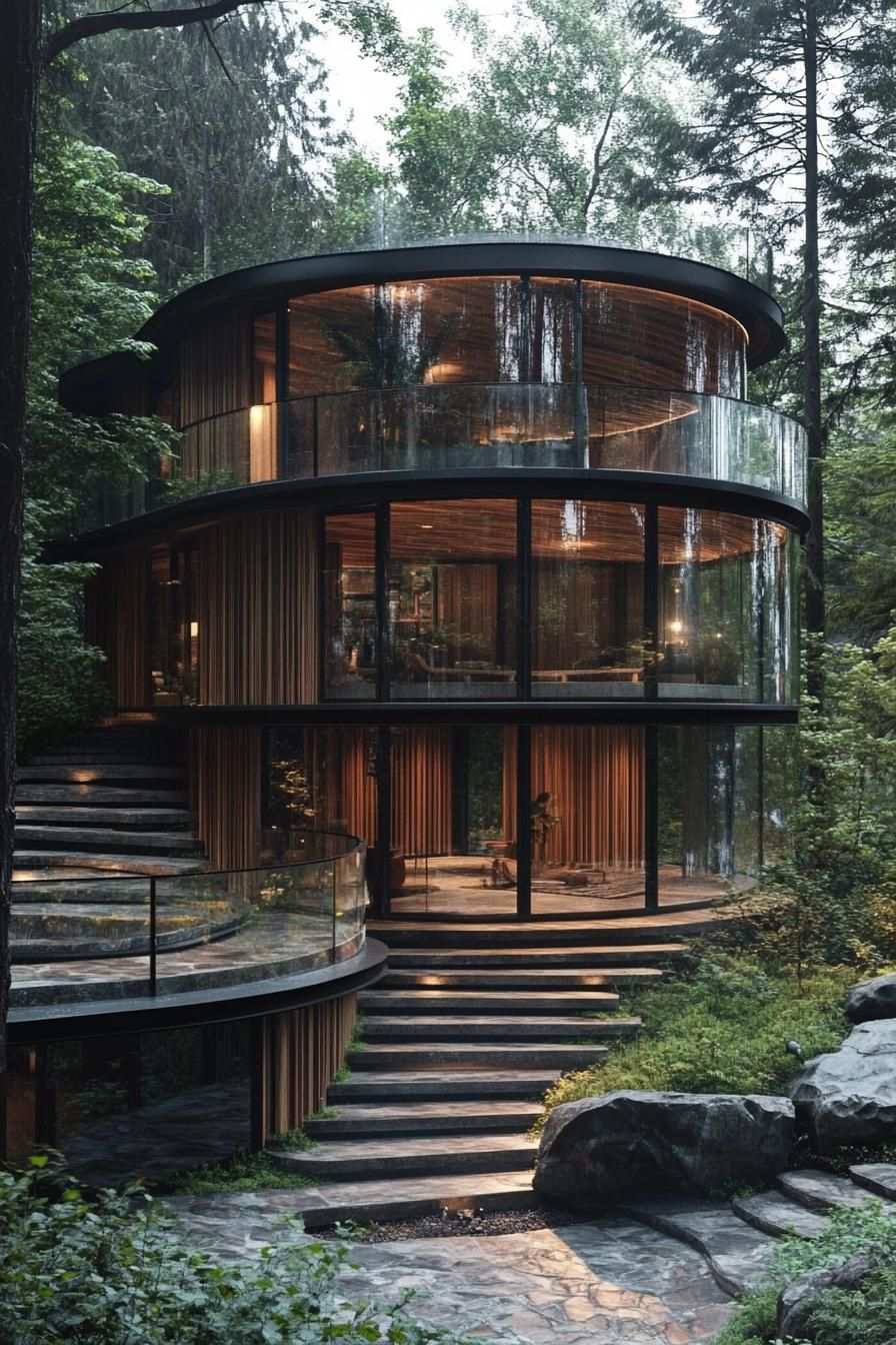 Round futuristic home surrounded by a lush forest