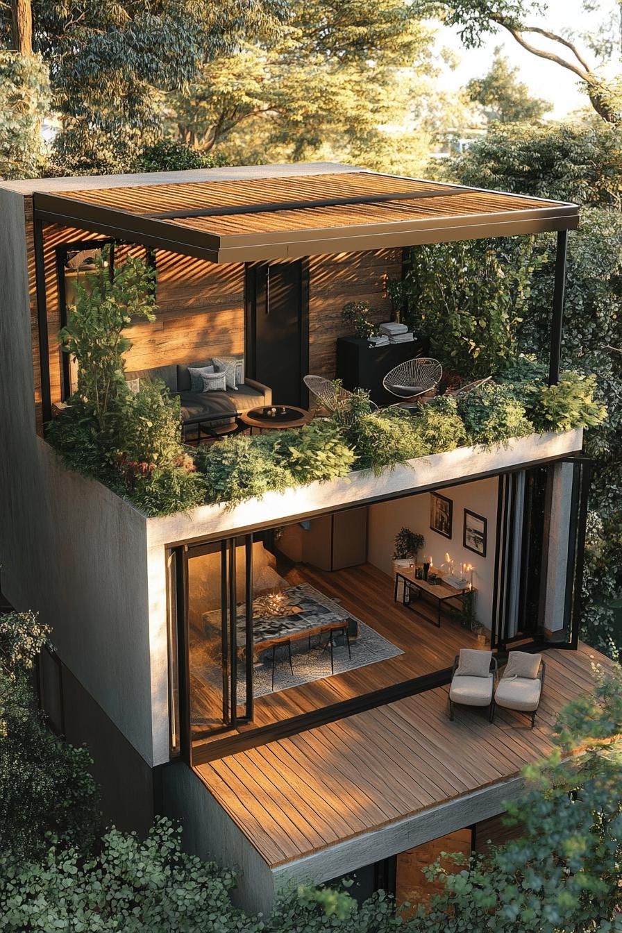 top view of a tiny luxury modern cube house with tiny deck rooftop deck with pergola with plants and outdoor chairs luxury aesthetic v 6.1