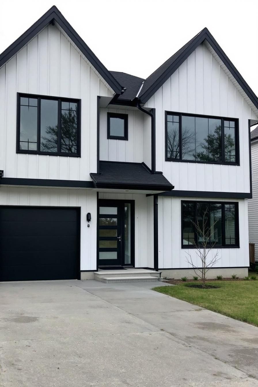 Two-story white house with striking black features