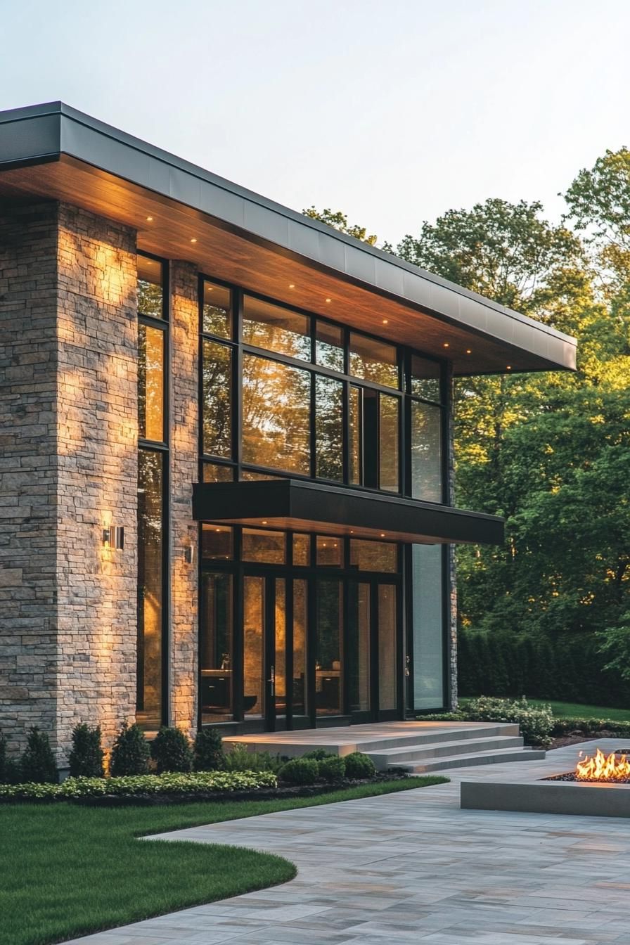 Modern house with large glass windows and an outdoor fire pit