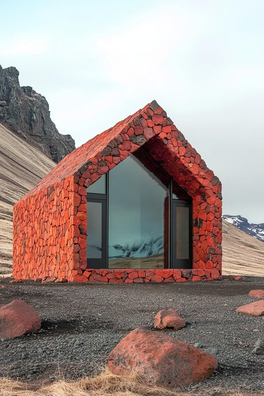 Fiery stone house with a glass front