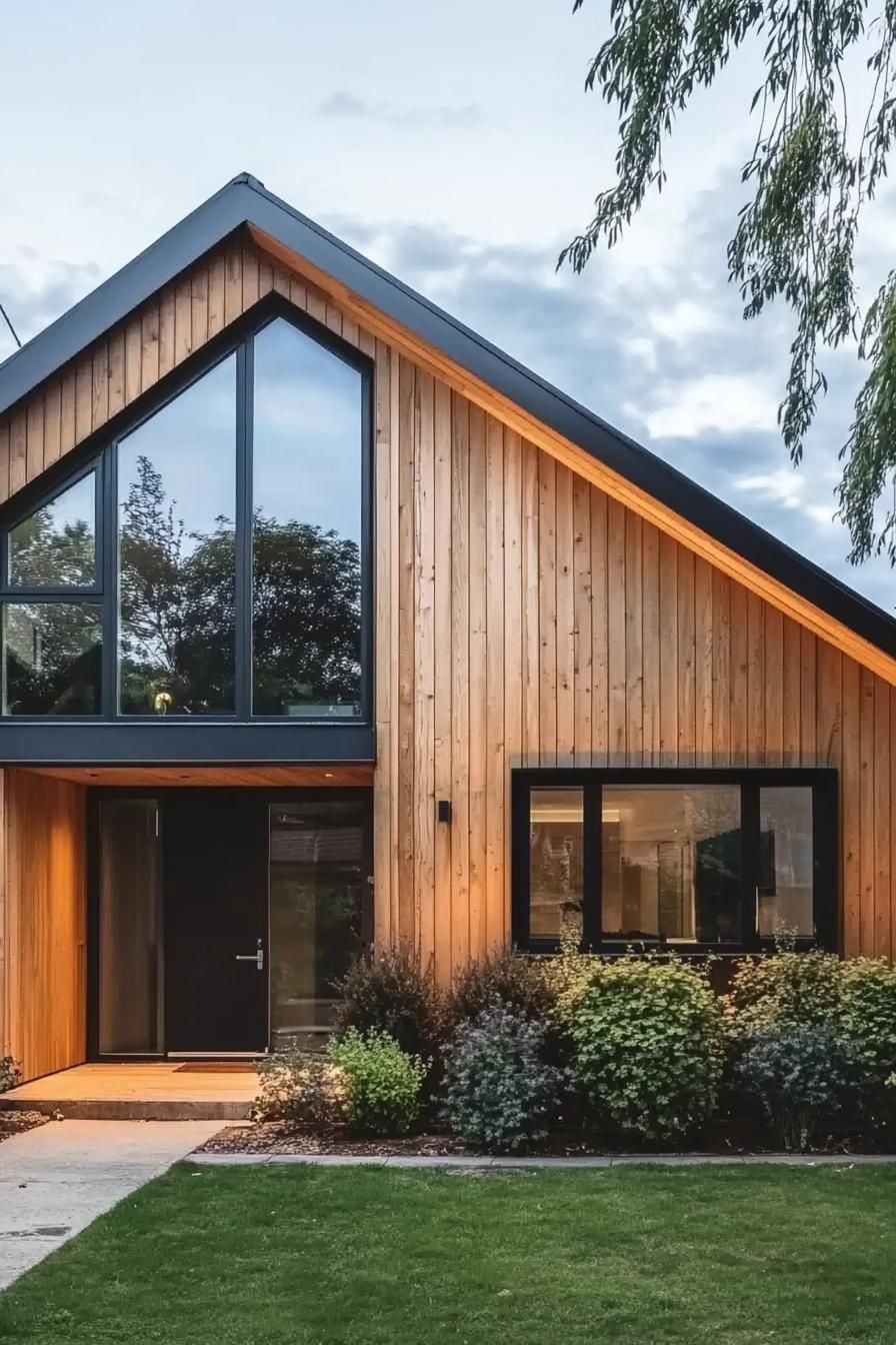 timber clad modern house with gable roof bungalow style large black modern windows suburban front yard with shrubs 5