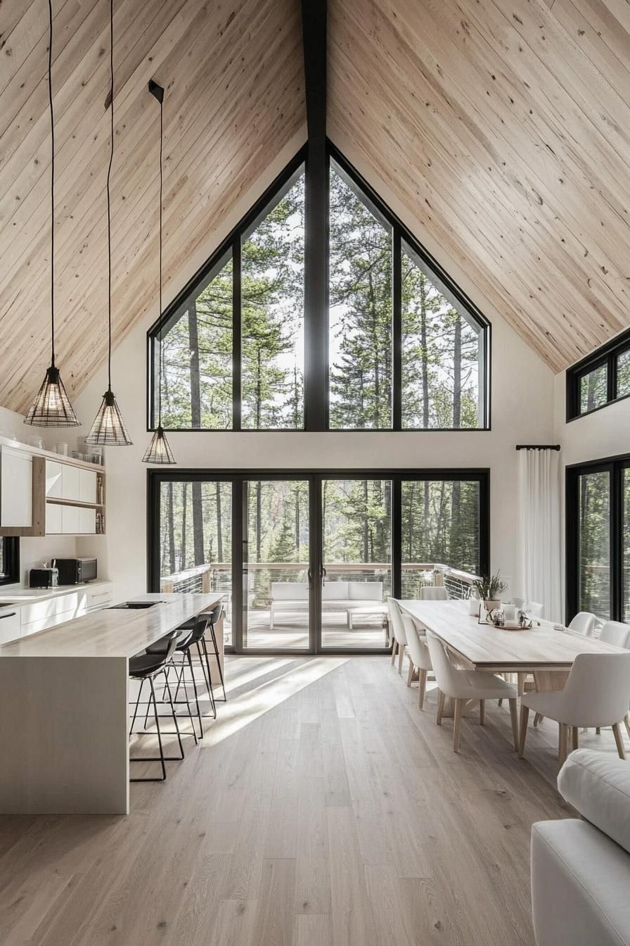 interior of an airy a frame house with light wood interior light natural wood ceiling white walls large windows with black trim open plan kitchen