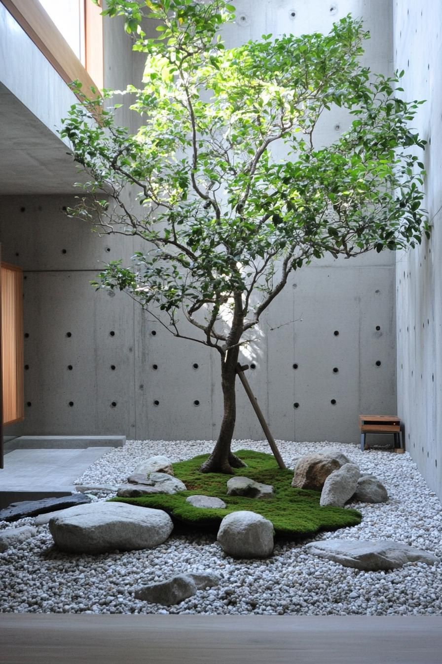 Modern Japanese courtyard with single tree and rocks