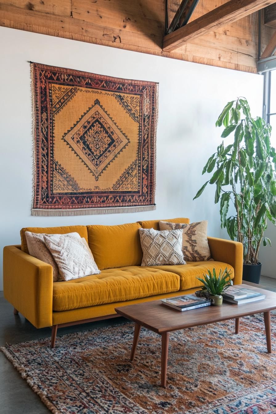 Mid-century modern living room with mustard sofa and patterned rug