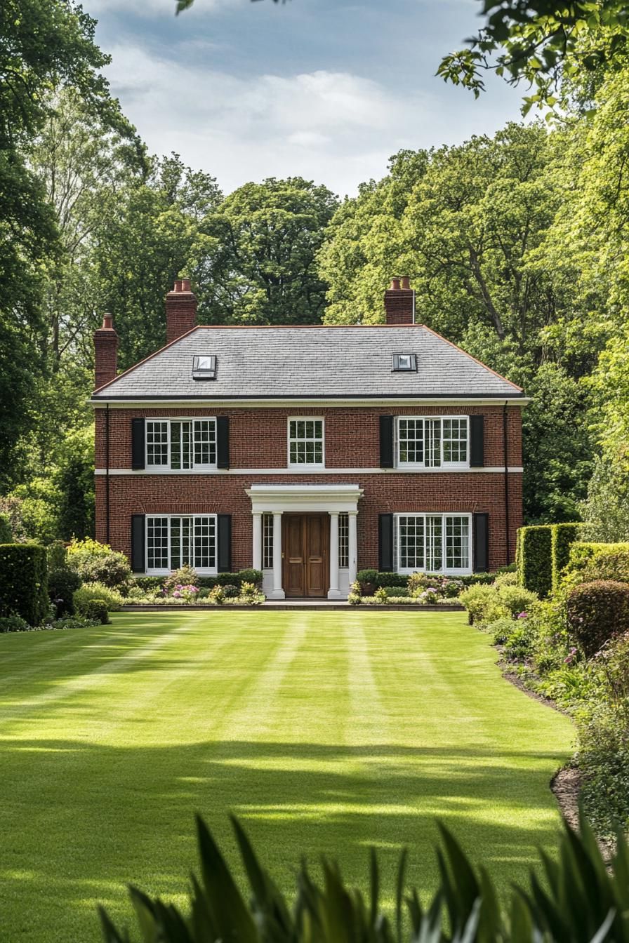 Elegant Georgian home with manicured lawn and lush surroundings