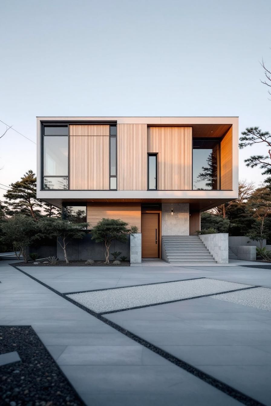 Modern minimalist house with wooden facade, surrounded by greenery