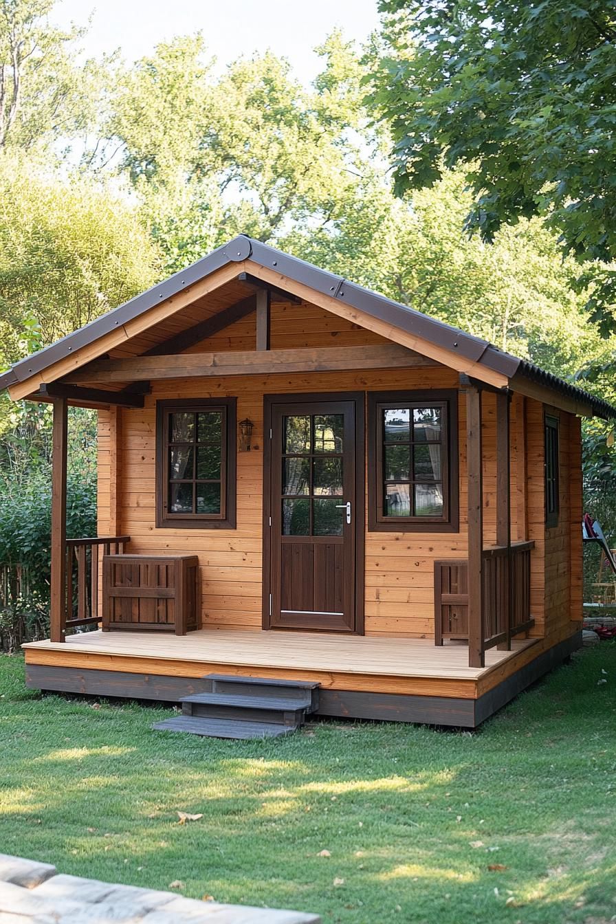 Wooden cabin surrounded by lush green trees