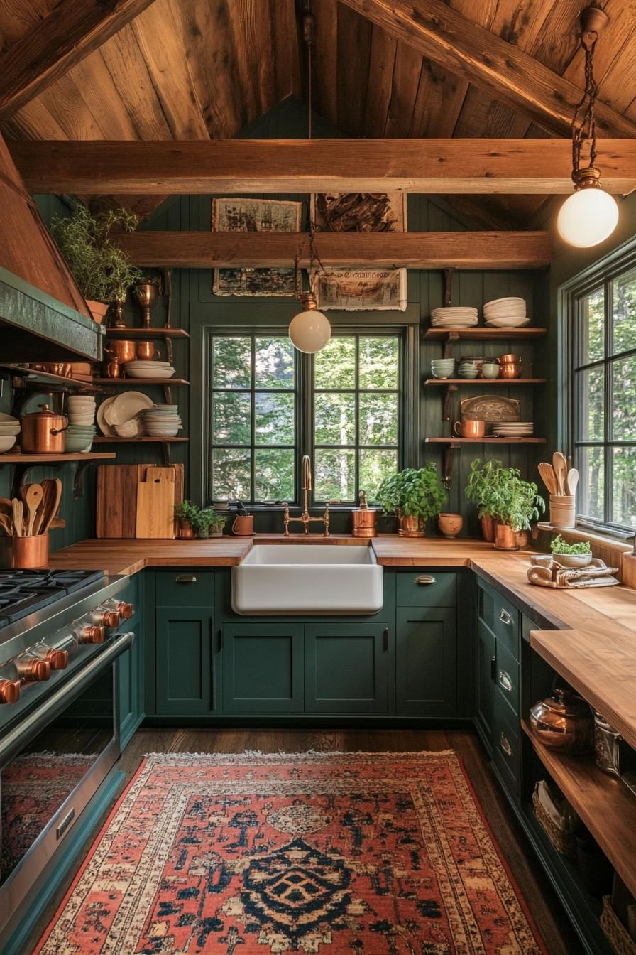 Rustic kitchen with copper pots and green cabinets