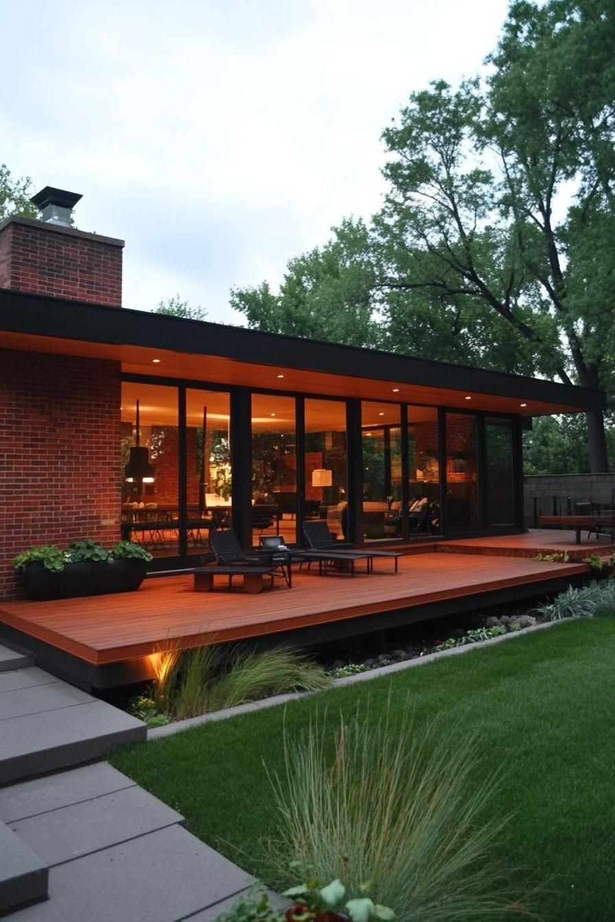 mid century modern house with full wall windows flat roof with large eaves natural wood and red brick large wooden deck front yard landscaping 1