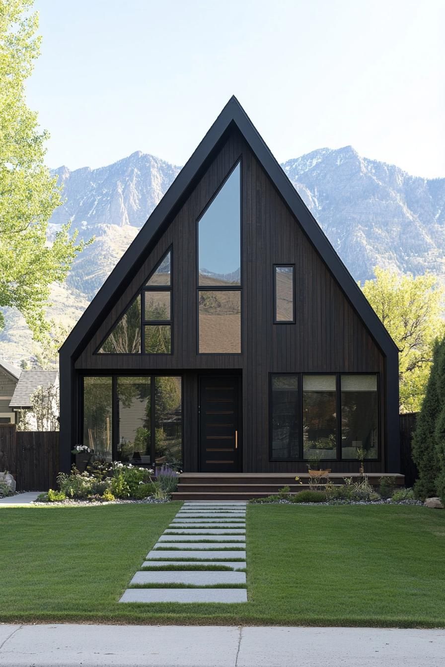 Black A-frame house with large windows and green lawn