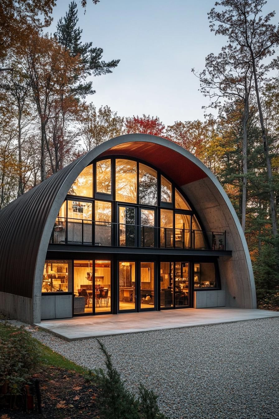 Quonset hut home with large windows in a forest setting