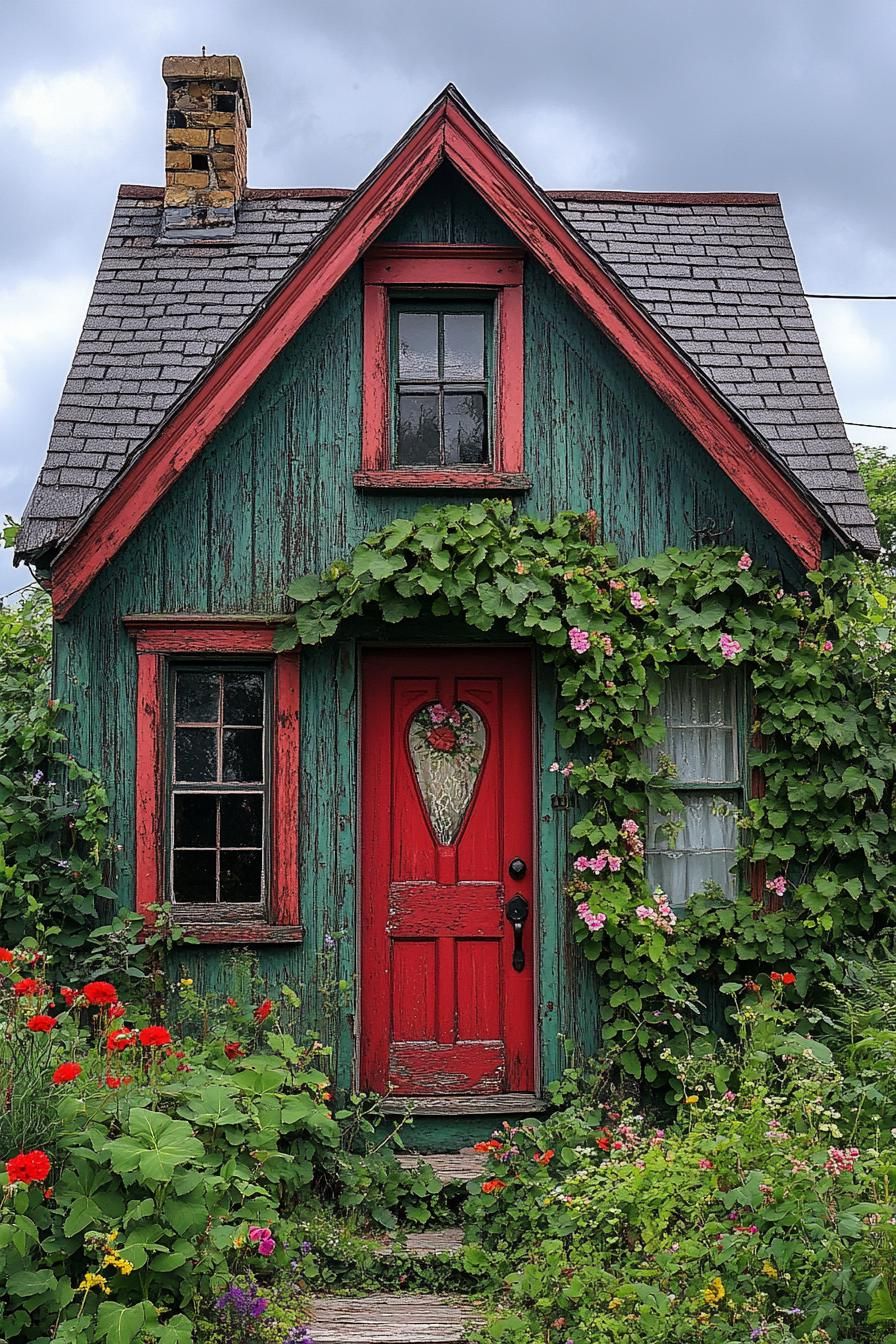 A charming house with a red door surrounded by greenery and flowers