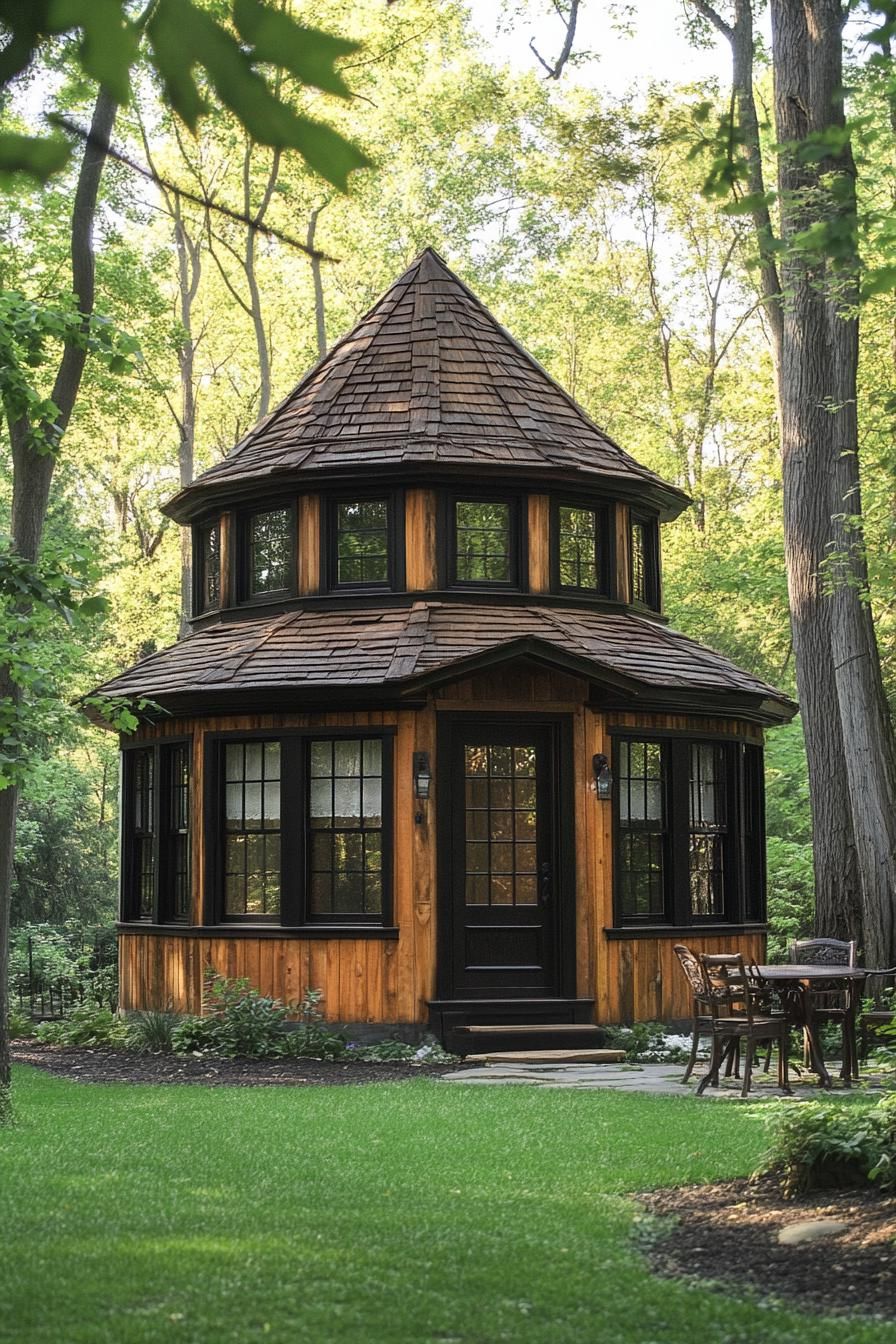 Two-story wooden shed home with a conical roof in a lush garden