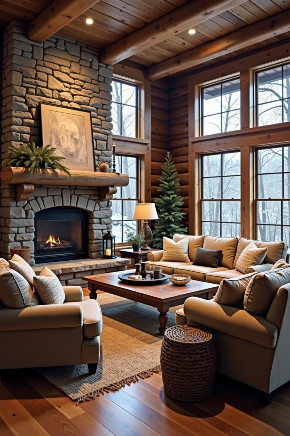 Cozy living room with fireplace and large windows