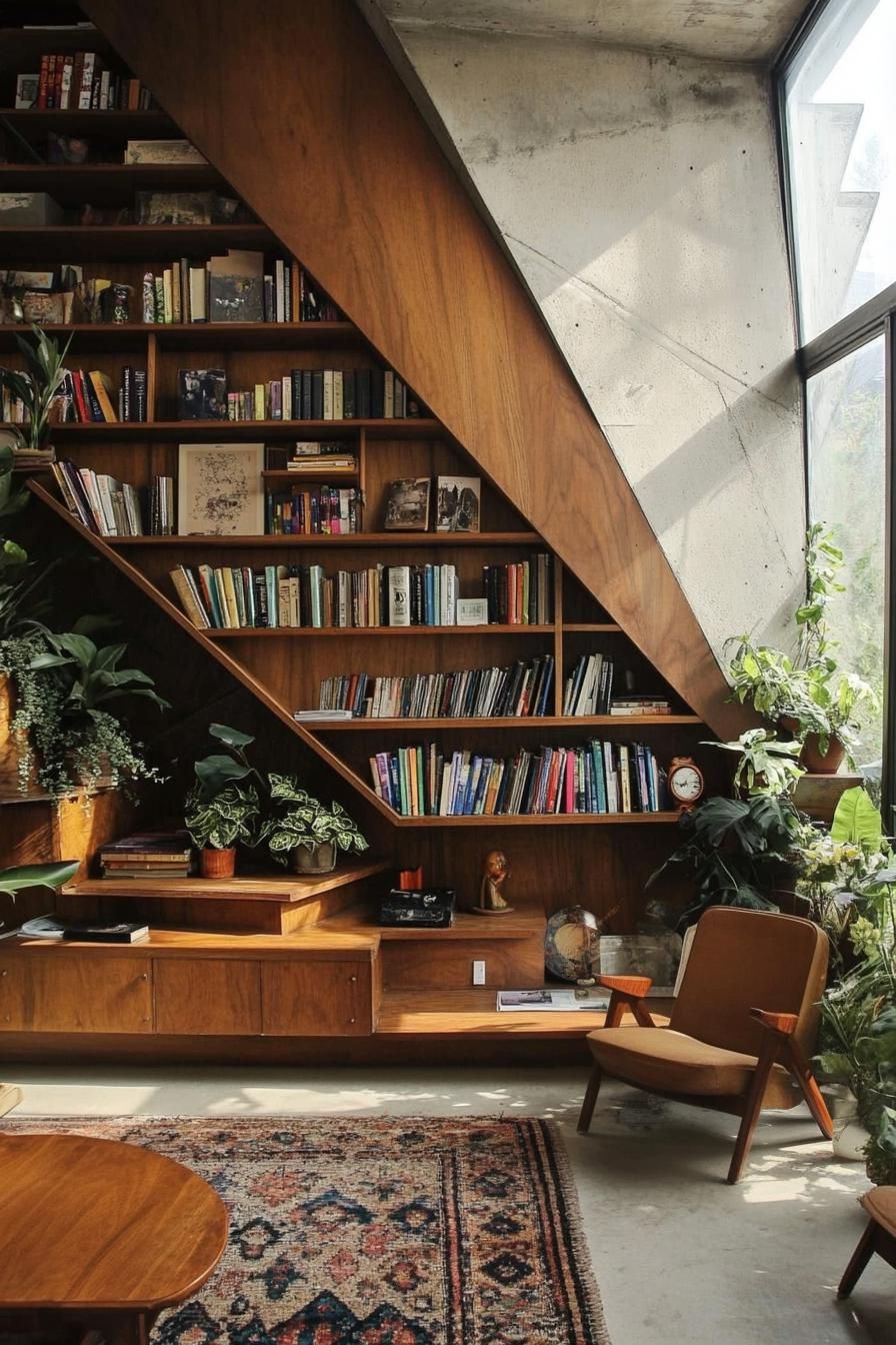 Warm living room with wood shelves and lush plants