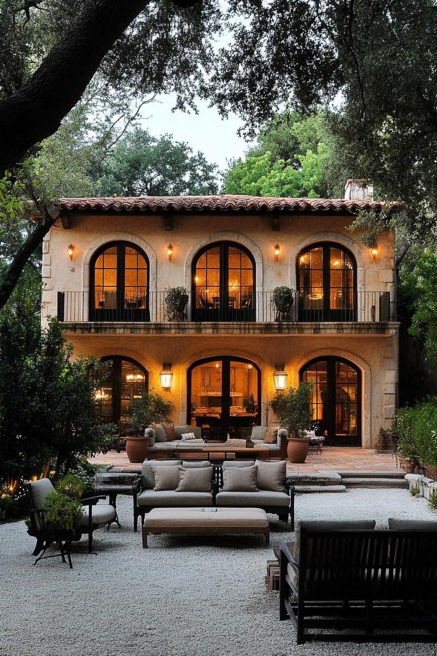 Elegant two-story Mediterranean-style house surrounded by lush trees