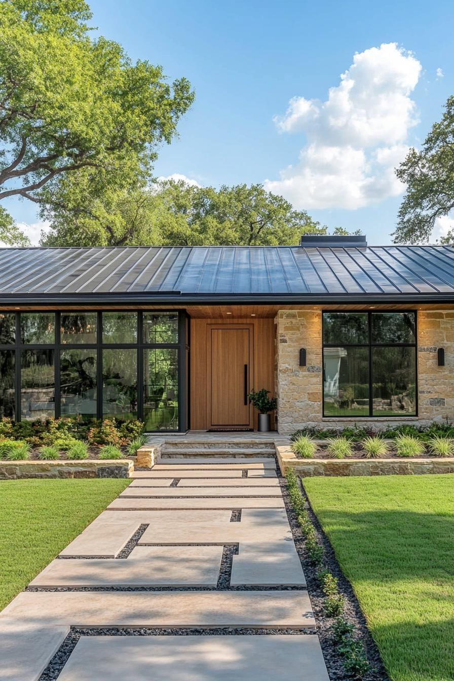 Modern ranch house with stone and glass facade