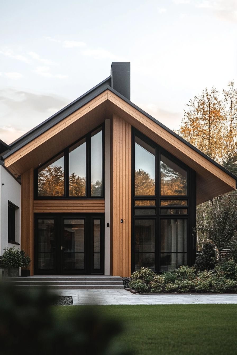 timber clad modern house with gable roof bungalow style large black modern windows suburban front yard with shrubs 1