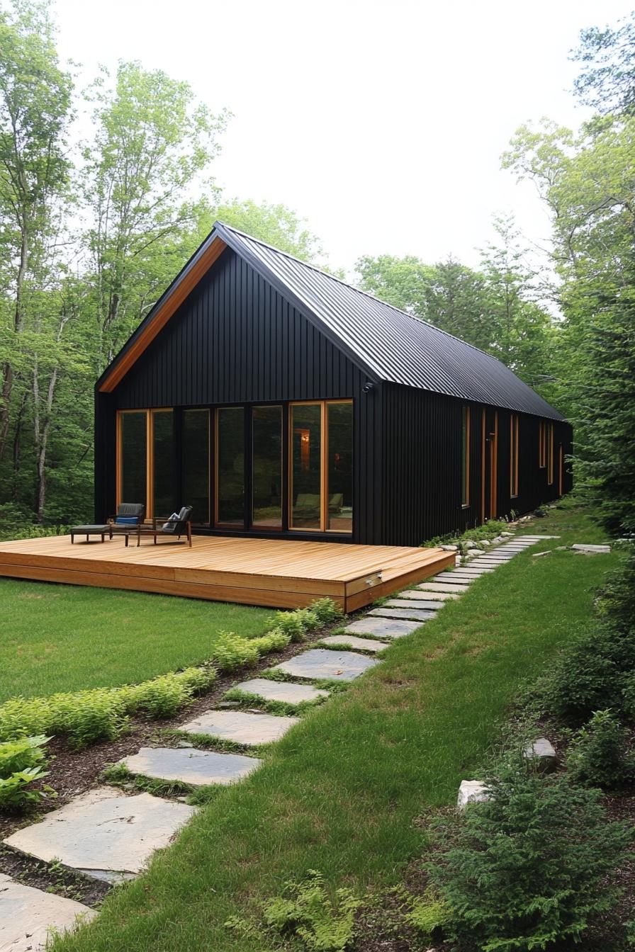 Modern long house with black siding and wooden deck