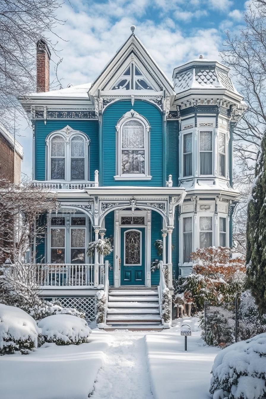 front view of a Victorian house in winter teal siding white trim with moldings and embellishments large windows bay windows white trim porch 2