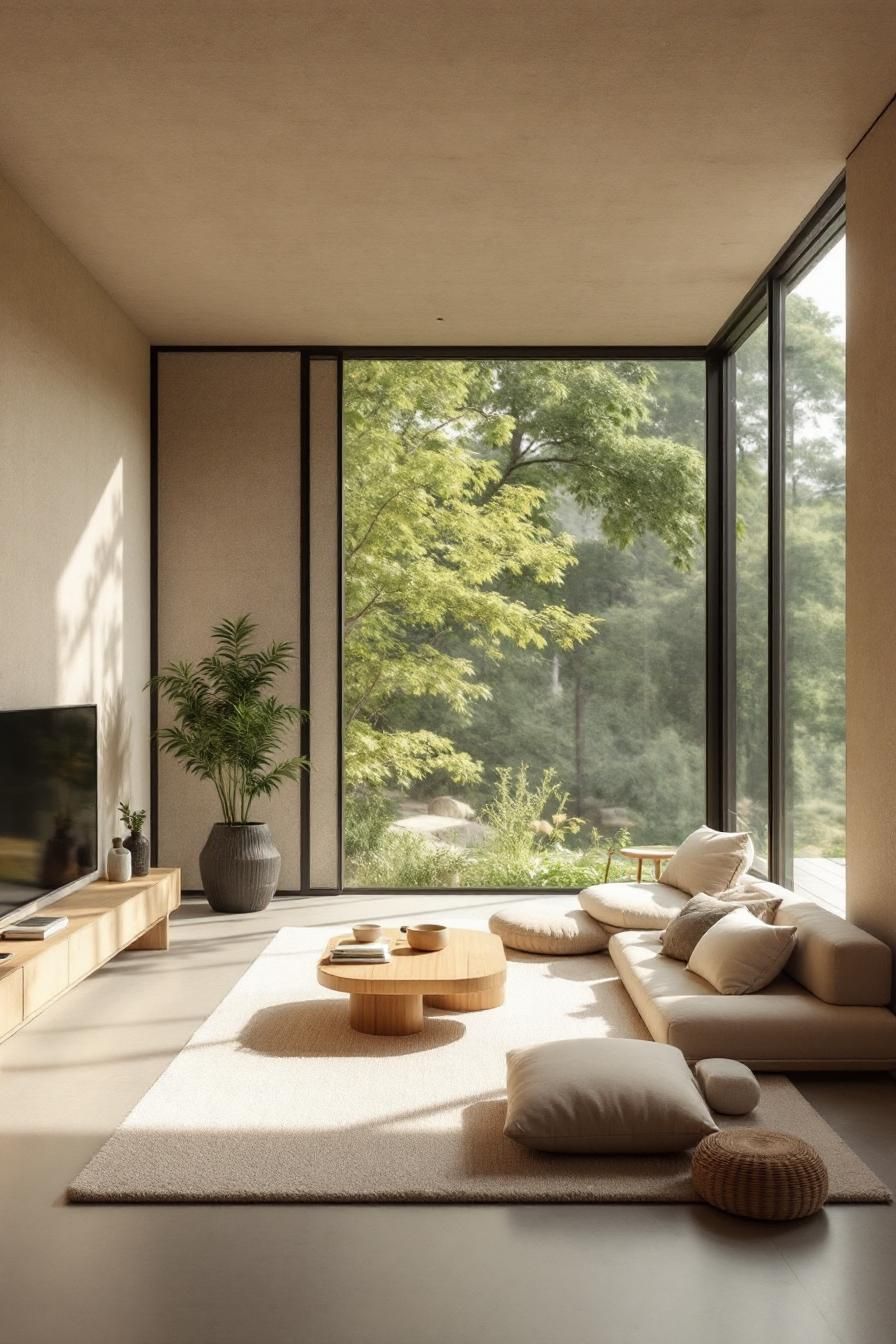 Minimalist living room with large windows and neutral decor