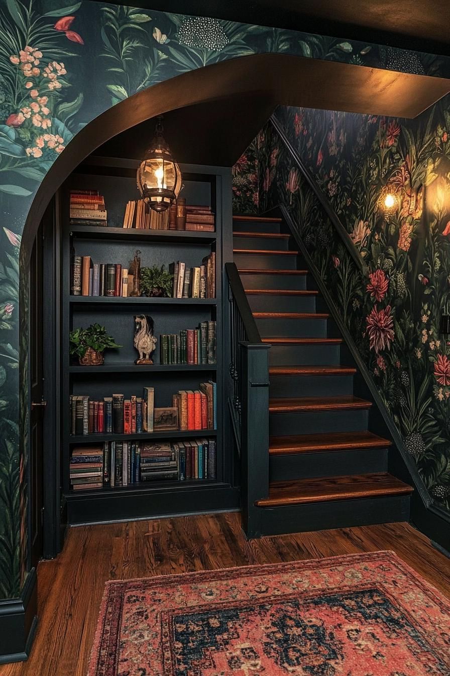 Dark staircase corner with floral wallpaper and bookshelves