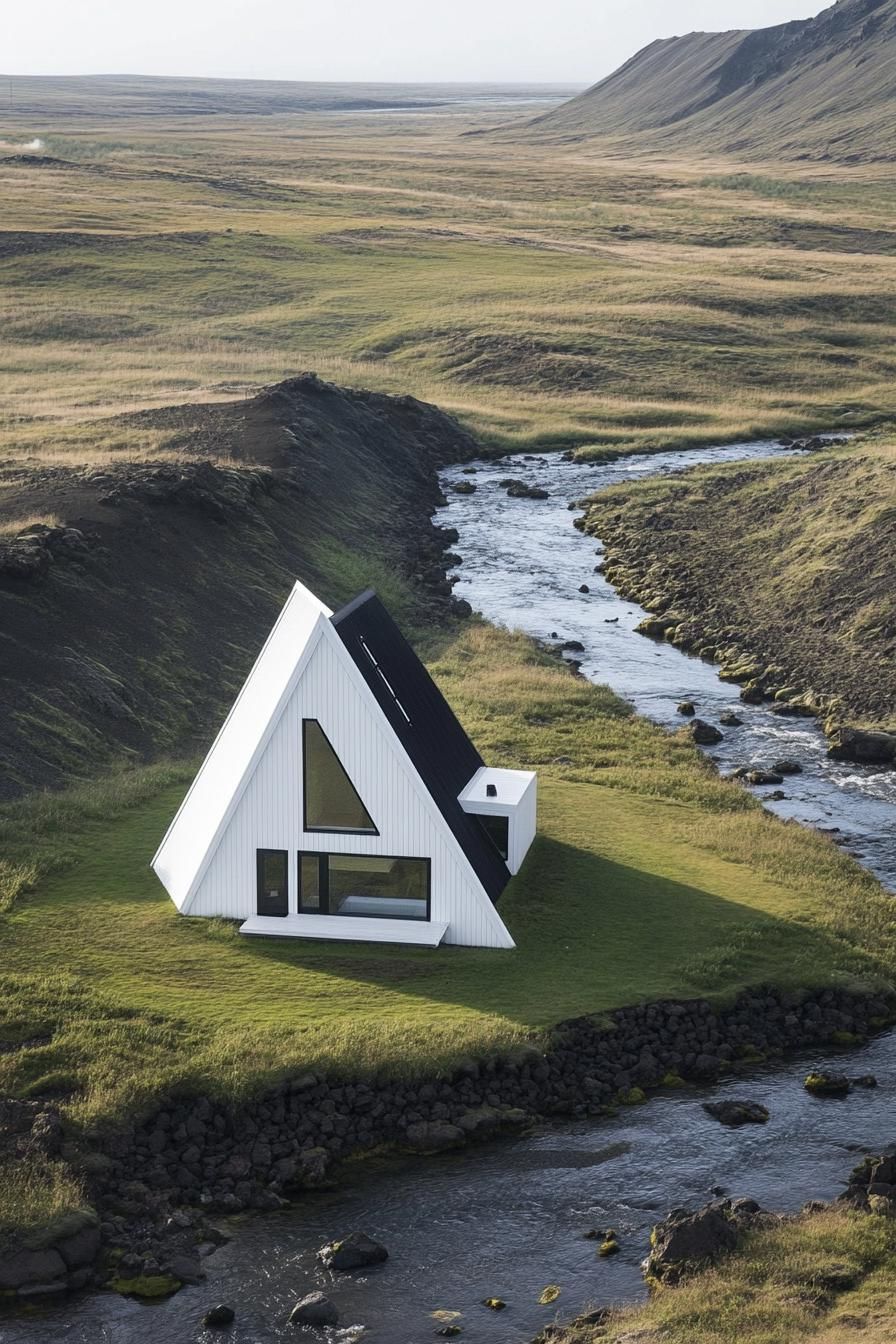 aerial view of a modern a frame house with white siding and white roof in stunning Icelandic landscape with thermal streams contrasting colors 3