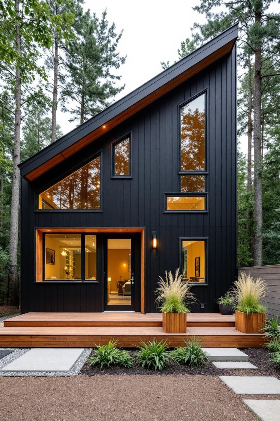 Modern black house with angled roof in a forest setting