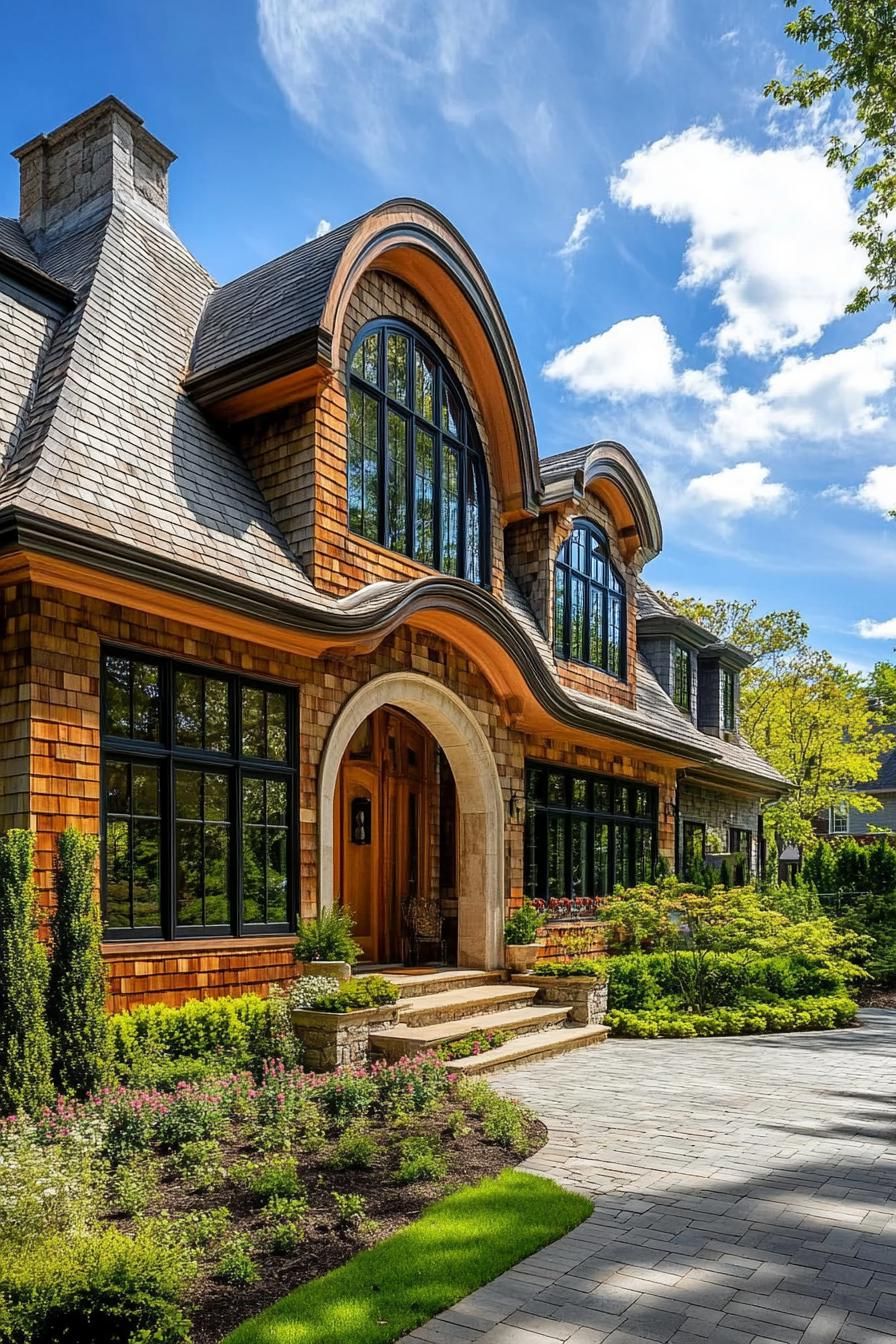 Shingled house with arched windows and lush garden