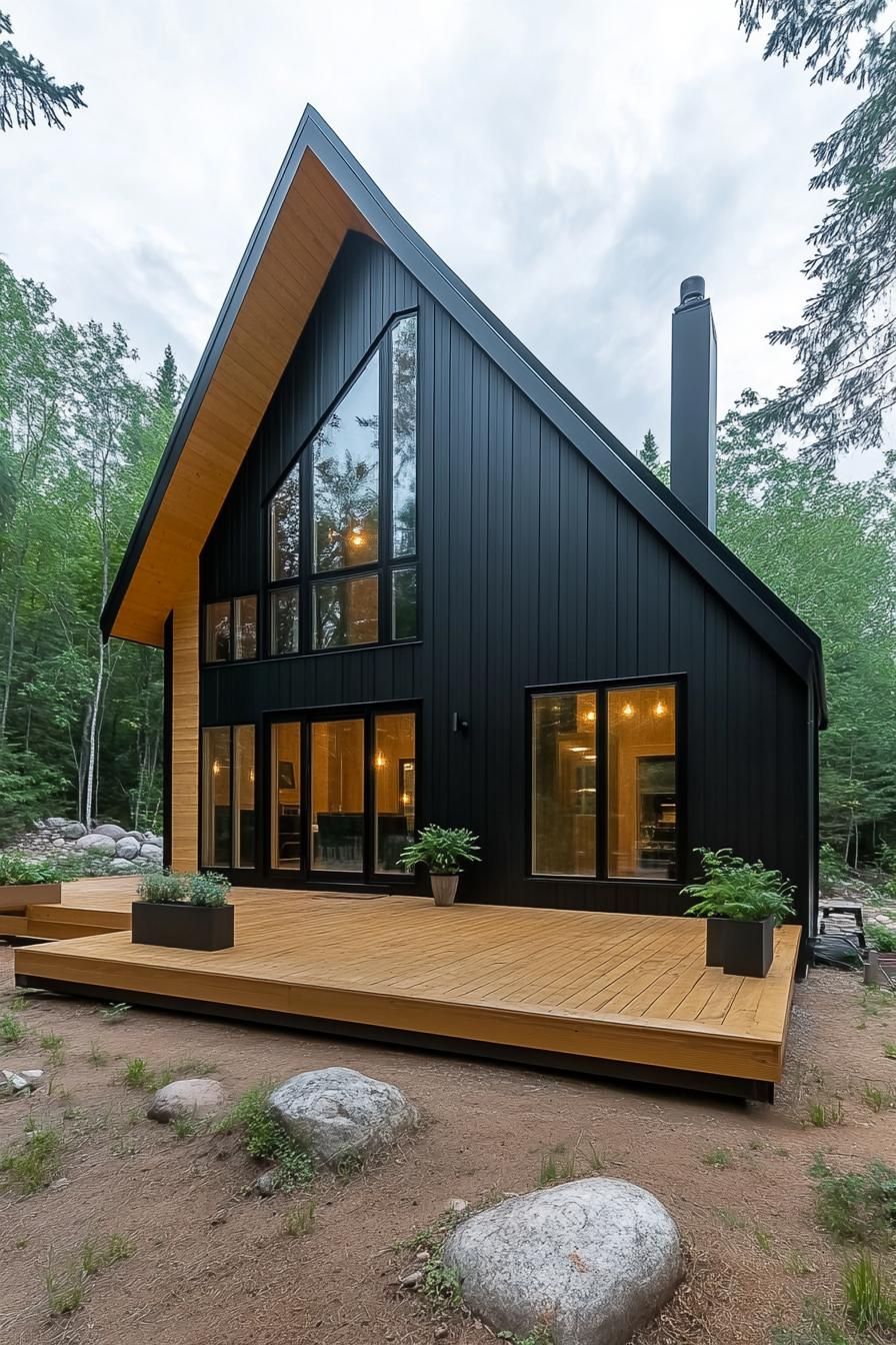 Sleek black house with large windows in a forest setting