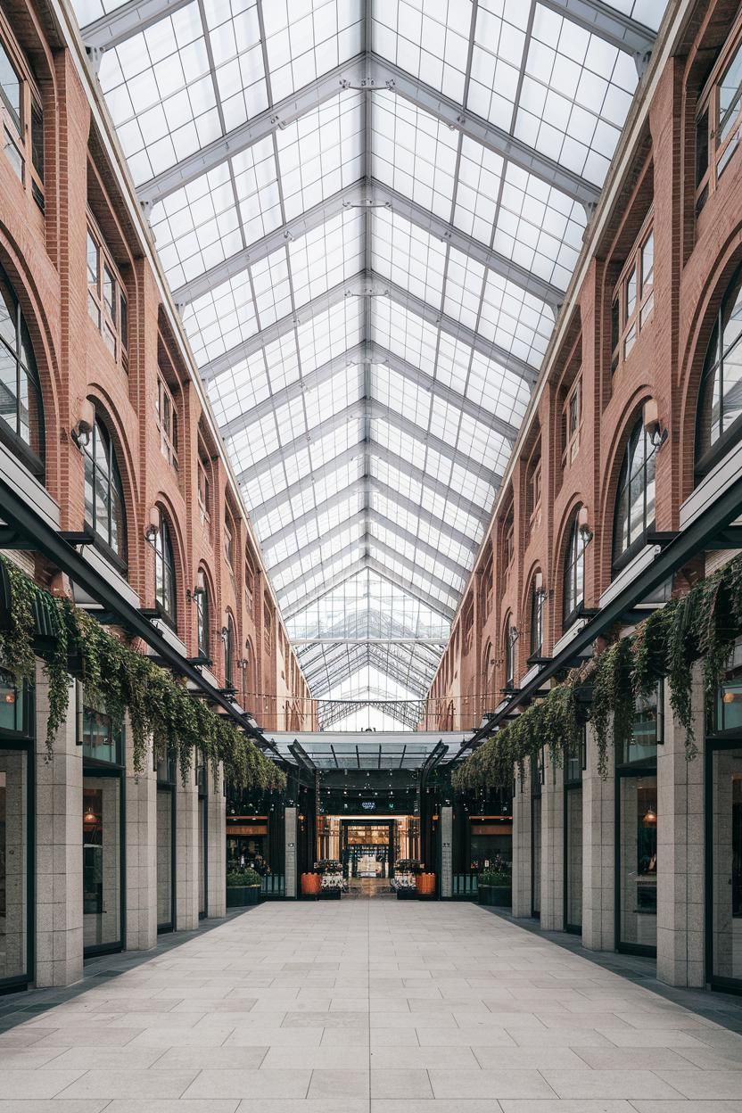 Elegant arcade with hanging greenery and a glass roof