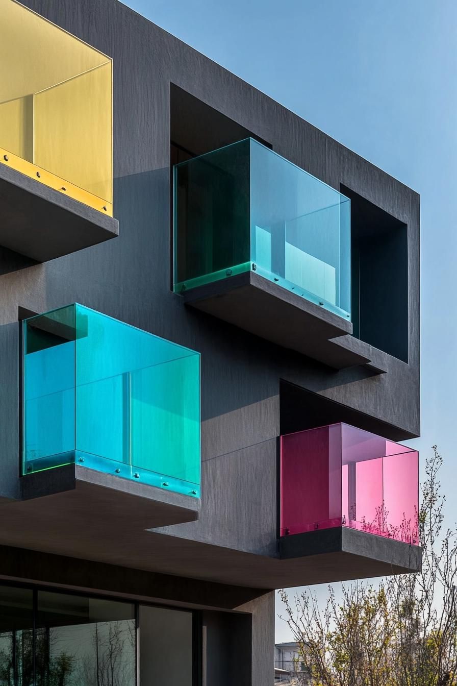 Multicolored glass balconies on a modern building