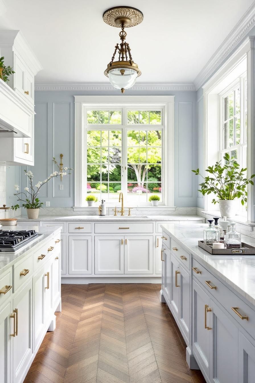 Kitchen with large window, leafy view, and elegant lighting