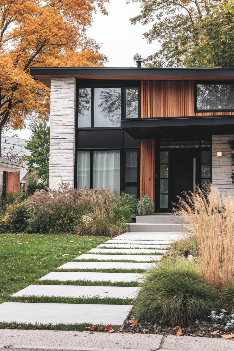 contemporary house cottage exterior with multi pitch roof distinct sections in different siding black vertical slats reclaimed wood horizontal 2