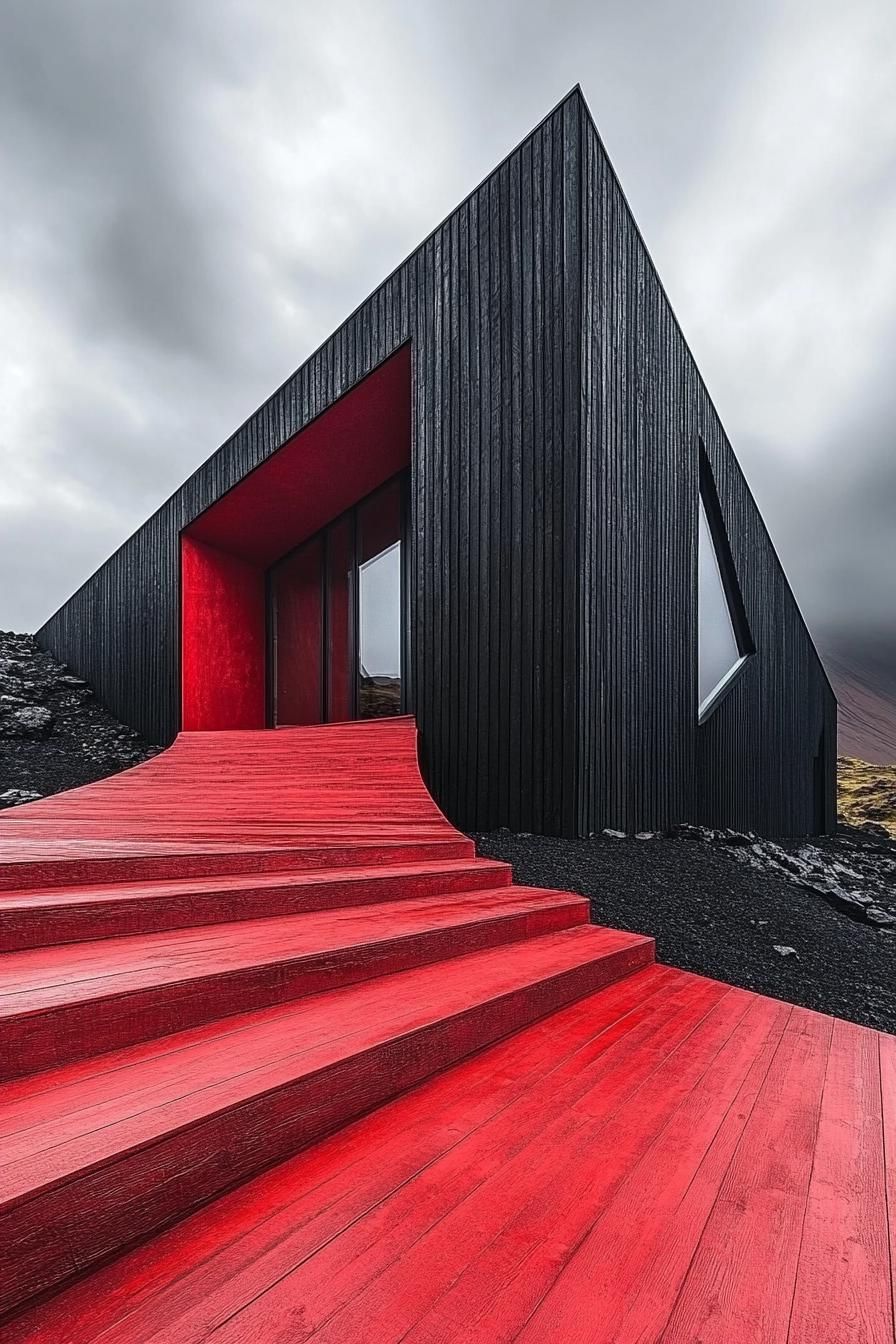 Bold black facade with vivid red pathway