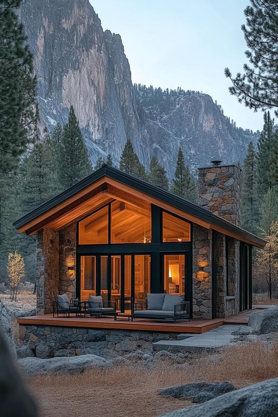 A modern cabin with large glass windows and stone walls, set against a cliffside