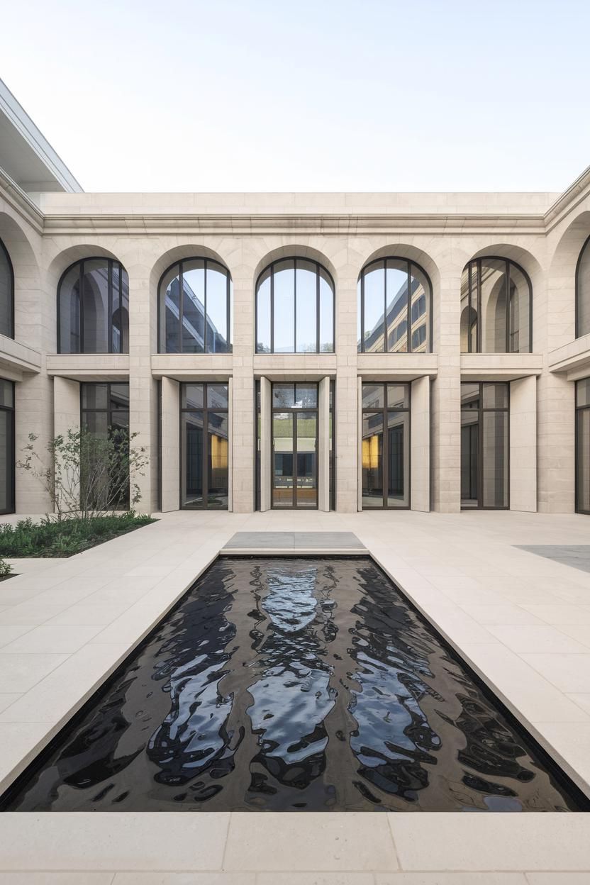 Elegant arches and a reflective pool in minimalist courtyard