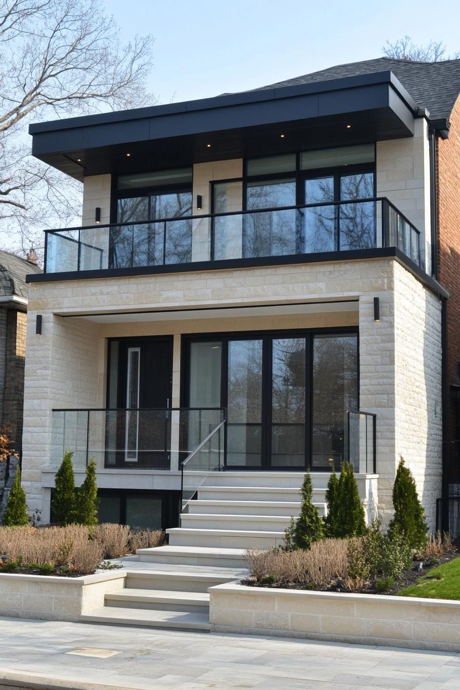 modern villa design with limestone brick siding balconies with glass railings black thick roof eaves wiht LED lights front steps with LED lights 1