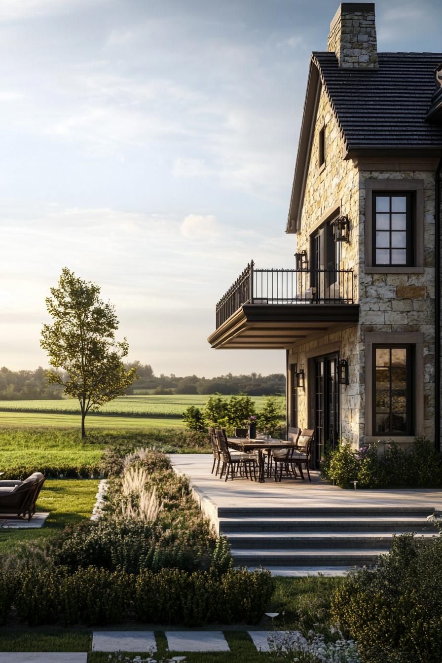 Stone house with balcony overlooking a lush field