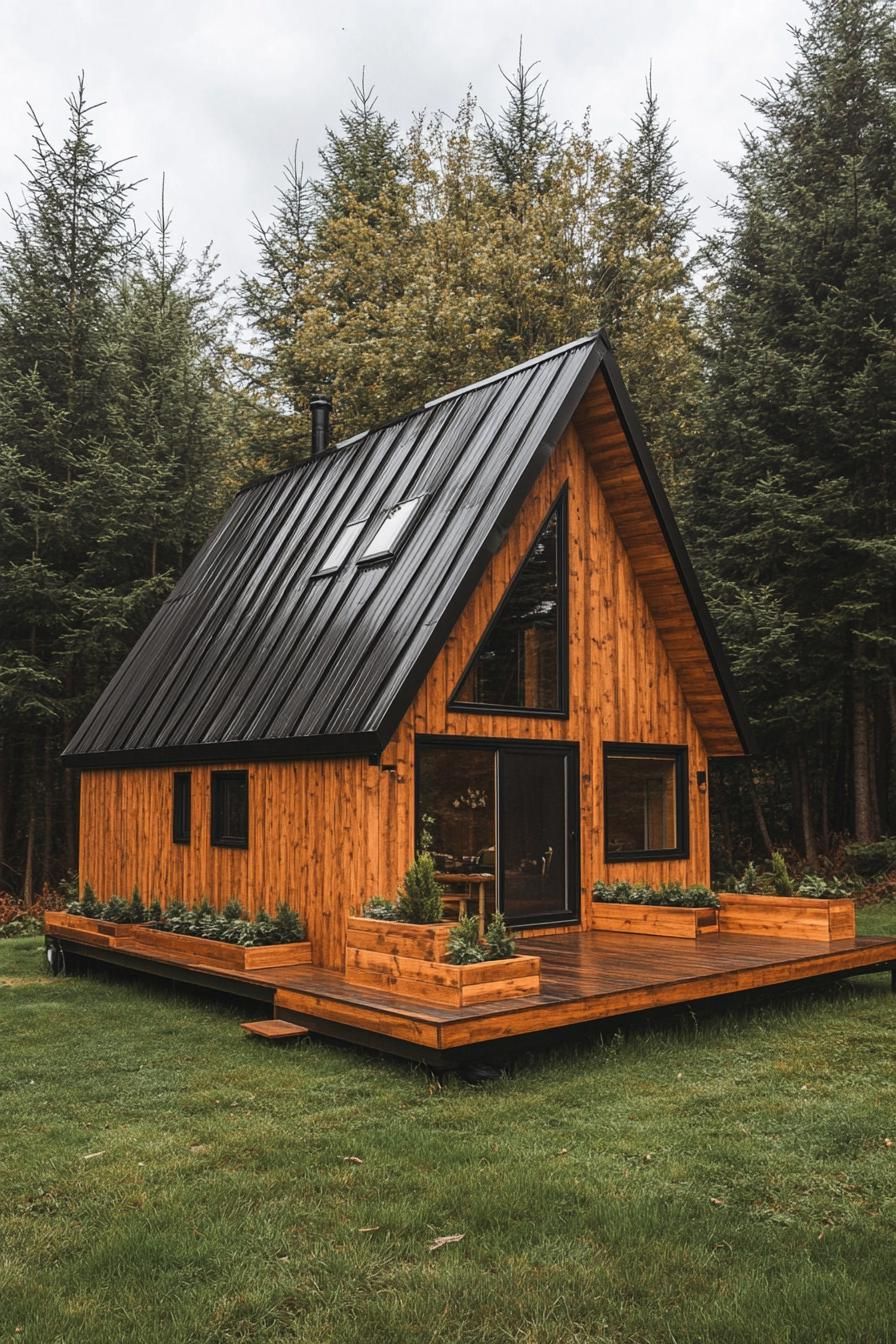 high angle view of a modern tiny prefab a frame cabin natural wood siding black roof tiny raised wooden deck with wooden planter boxes grass