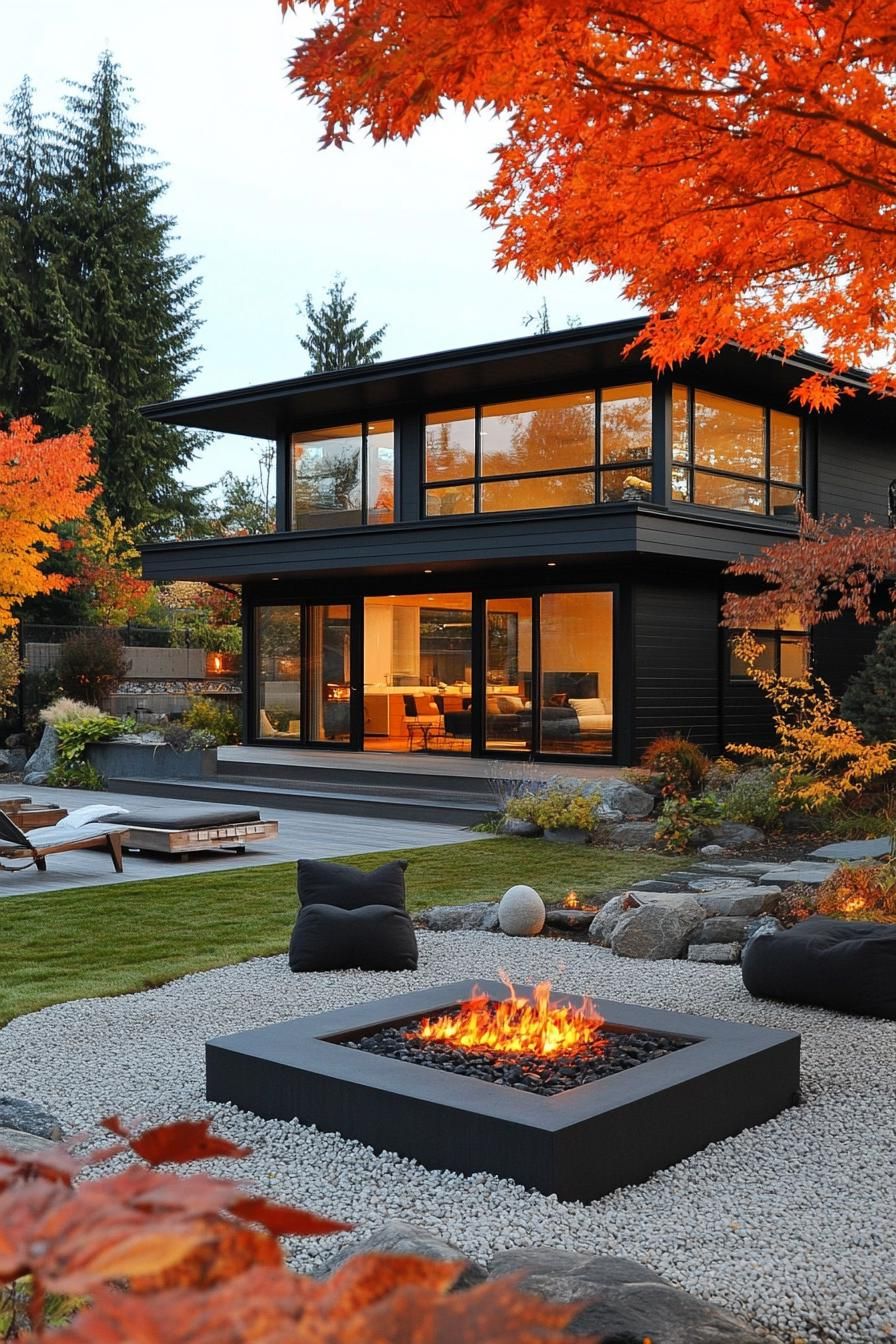 modern villa design in black siding full wall windows large front yard with japanese rend maples lounge area with gas firepit and puffy lounge 1