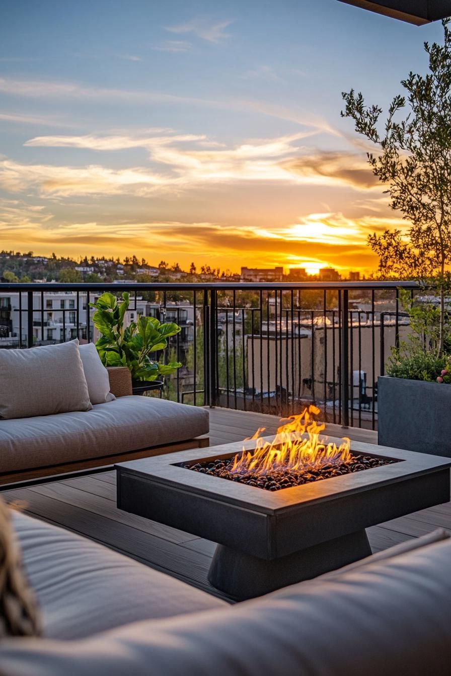 rooftop terrace with wooden deck metal railings modern cushioned furntiure and metal gas firepit some potted plants town view during sunset 2