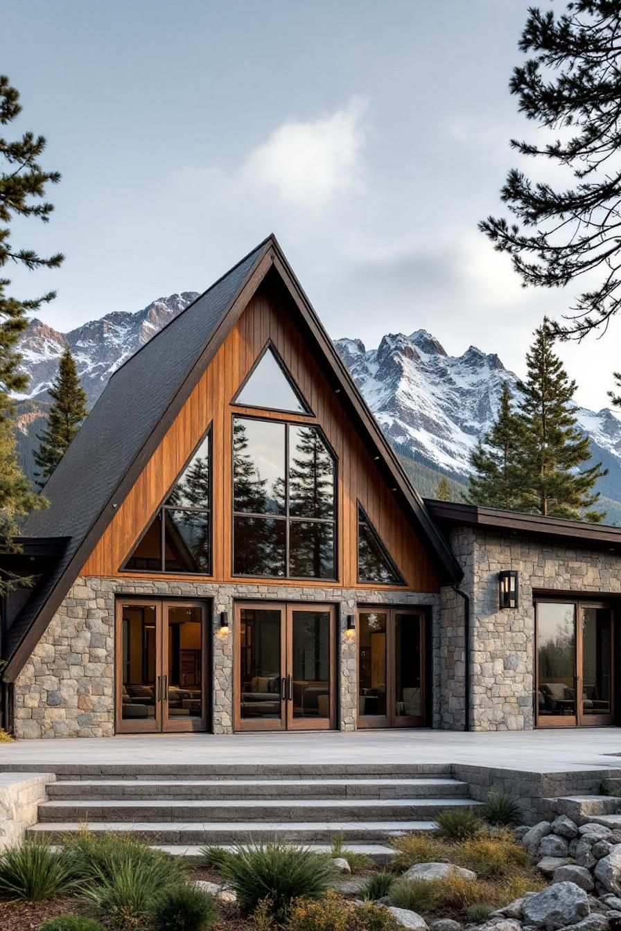 A-frame cabin with stone exterior and mountain view