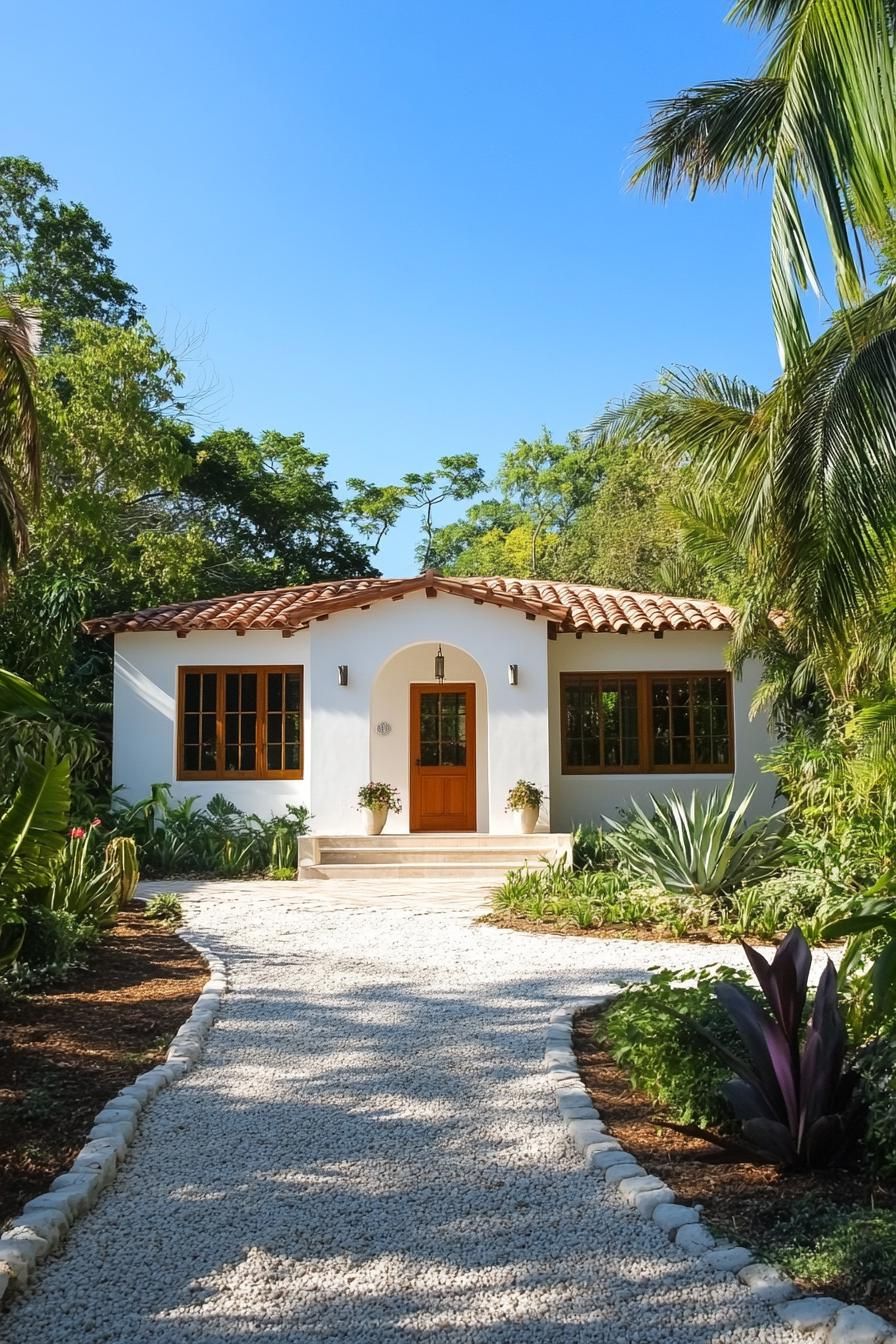 Charming Spanish bungalow with terracotta roof surrounded by lush greenery