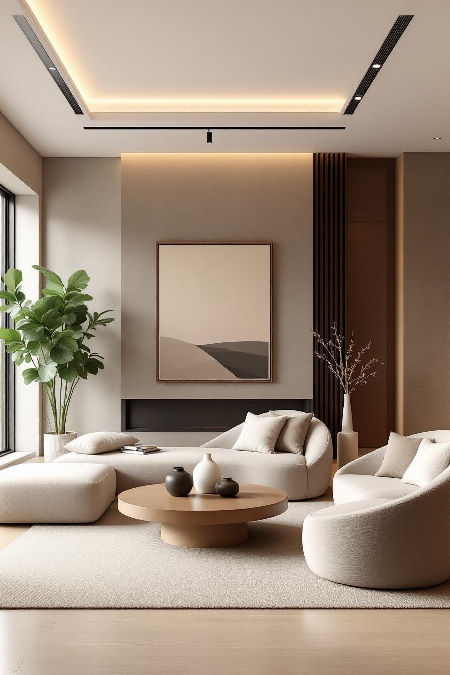 Minimalist living room with neutral tones and cozy seating