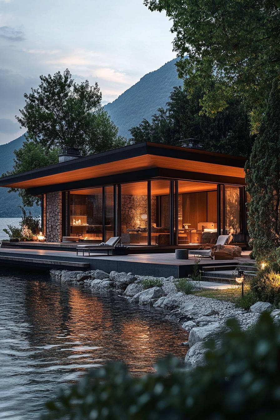 Sleek, glass-walled home by a tranquil lake