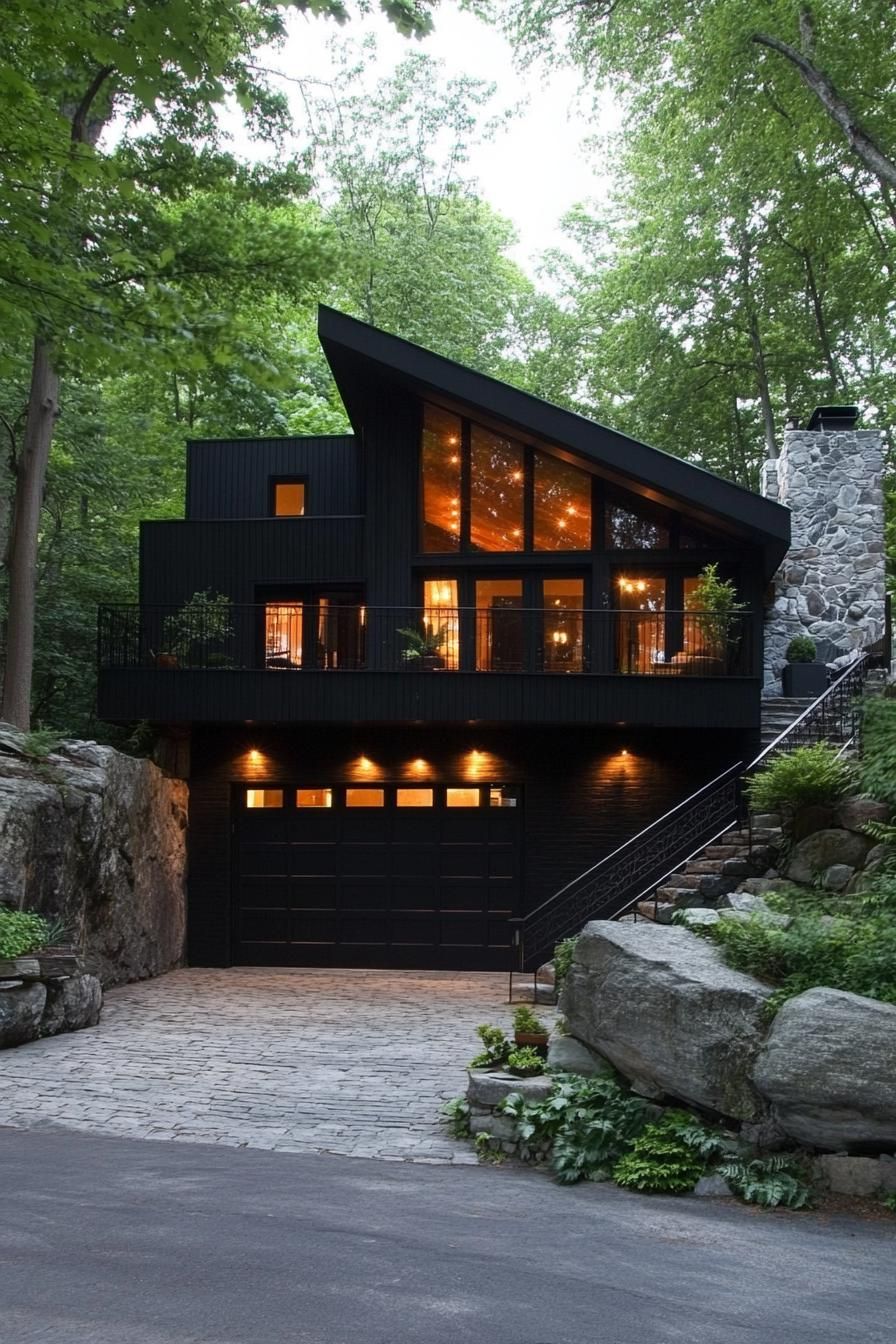 split level contemporary house in black facade and butterfly roof garage and stone paved driveway stairs with rails lead to upper floors on a 1