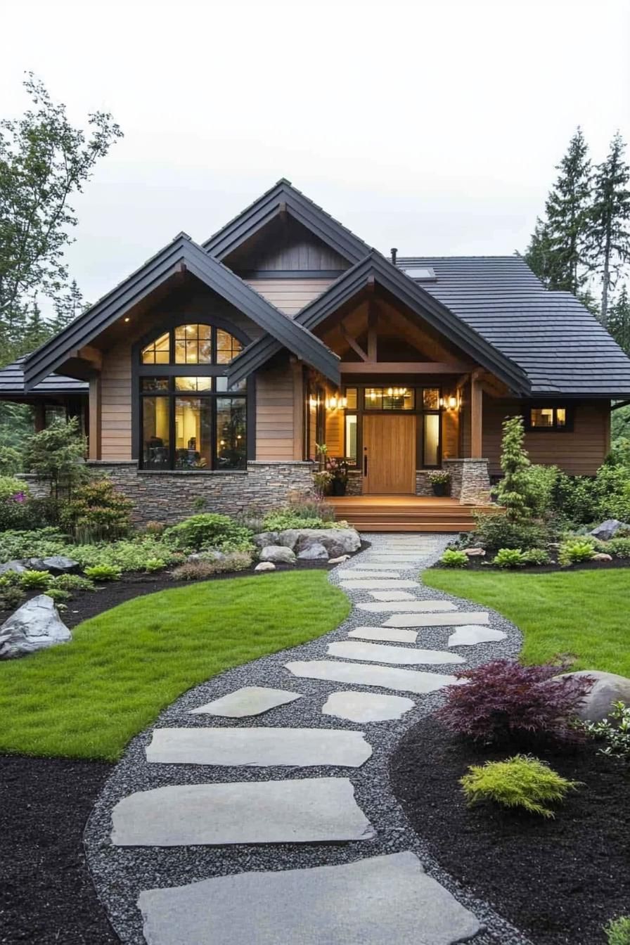 Cozy ranch style house with lush path and greenery