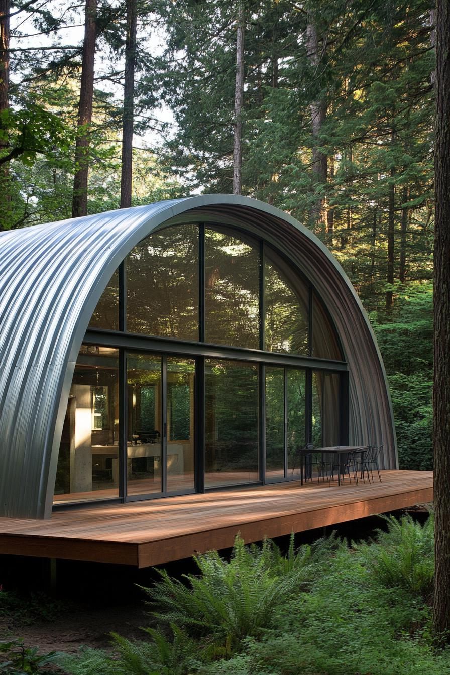 Rounded metal Quonset hut with glass facade and wooden deck in a forest setting